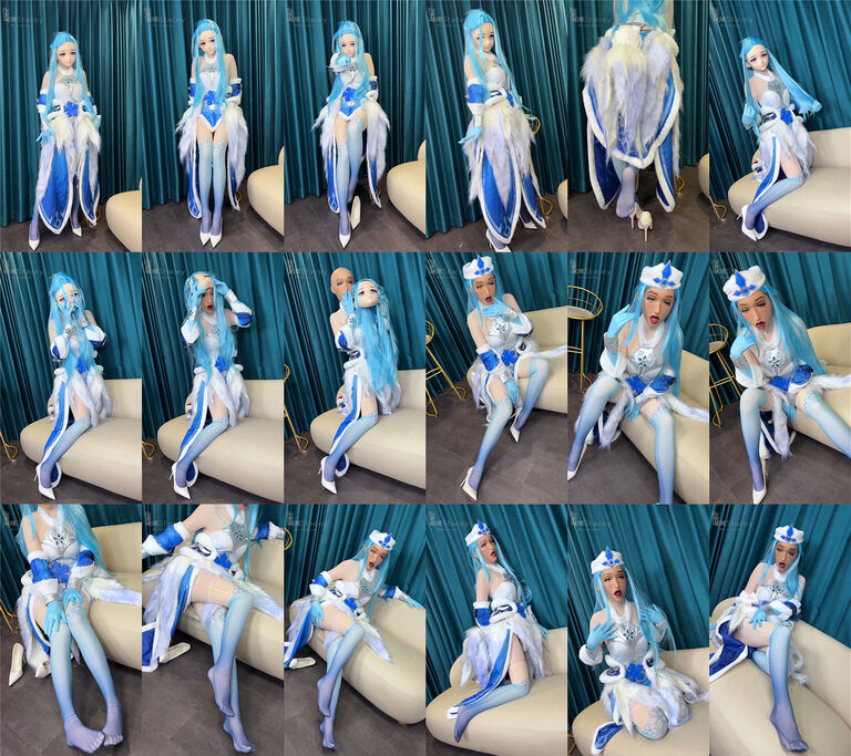 【完整版8分38秒】双面王昭君Cosplay：纯洁的冰雪天使kigurumi娃娃头壳下竟然是戴着真人面具的流口水性感女王
